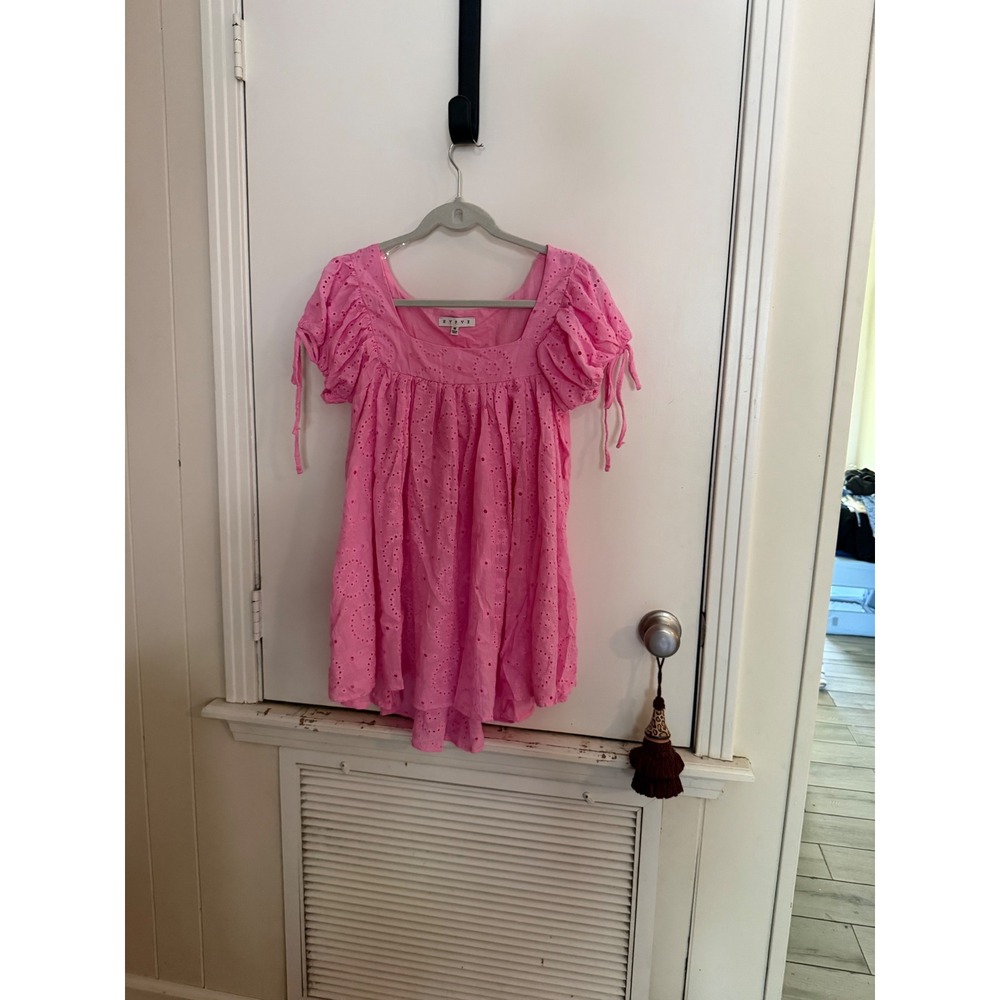 Hyfve Pink Eyelet Babydoll Top Square Neck Puff Sleeve Tie Detail Women Medium - Picture 4 of 10